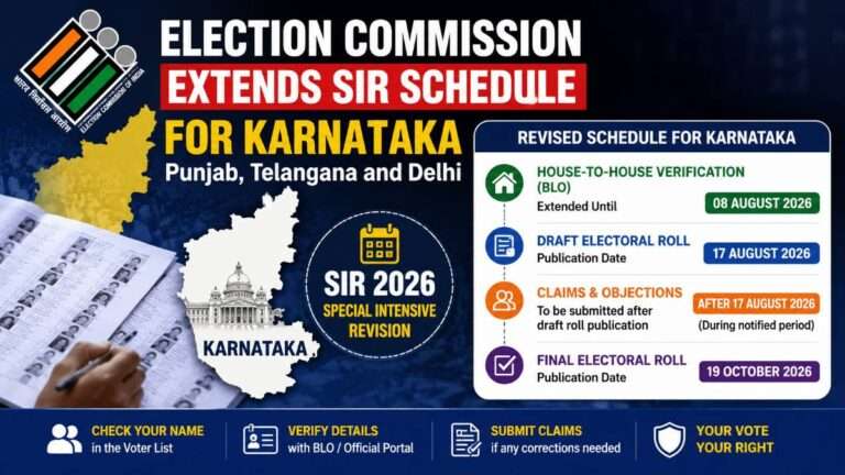 Featured image showing the Election Commission of India extending the Special Intensive Revision (SIR) schedule for Karnataka in 2026, highlighting the revised house-to-house BLO verification deadline, draft electoral roll publication on 17 August 2026, claims and objections period, and final electoral roll publication on 19 October 2026.
