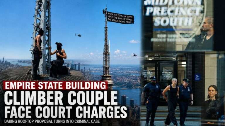 Empire State Building climbing and proposal stunt alongside police and court-related scenes as the climber couple face criminal charges.