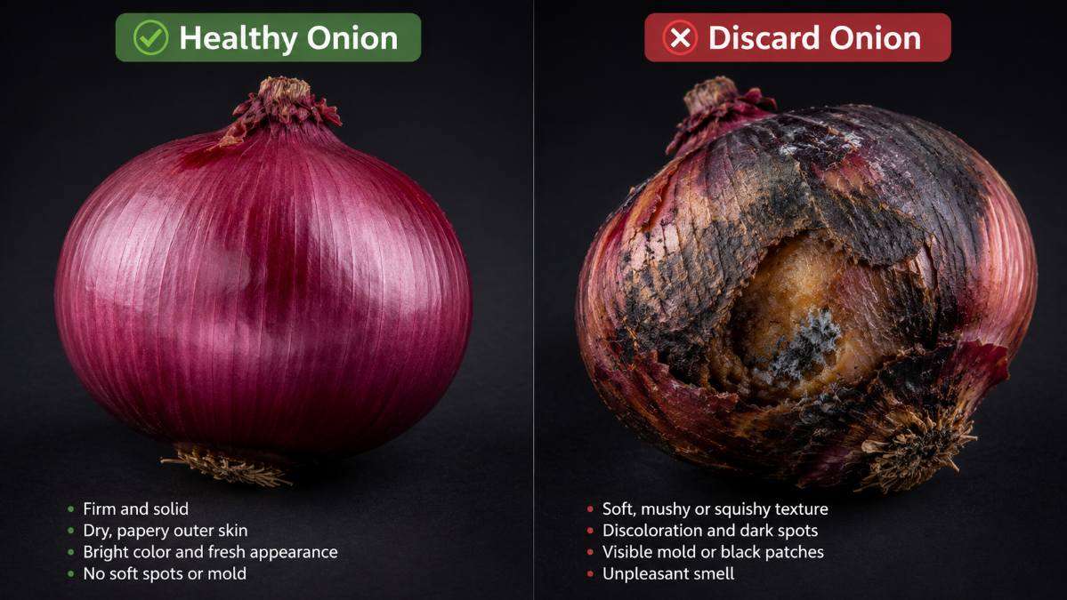 Comparison of a healthy onion and a spoiled onion affected by advanced black mold and rot.