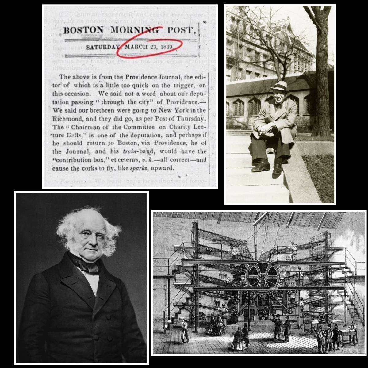 Collage showing the 1839 Boston Morning Post, Martin Van Buren, Allen Walker Read, and a 19th-century printing press explaining the origin of "OK."