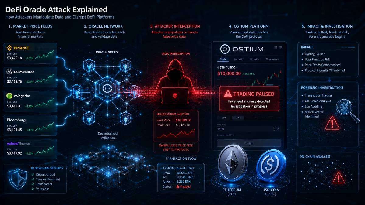 Illustration showing how manipulated oracle price feeds affected the Ostium DeFi protocol, resulting in a security breach, trading suspension, and an ongoing blockchain investigation.