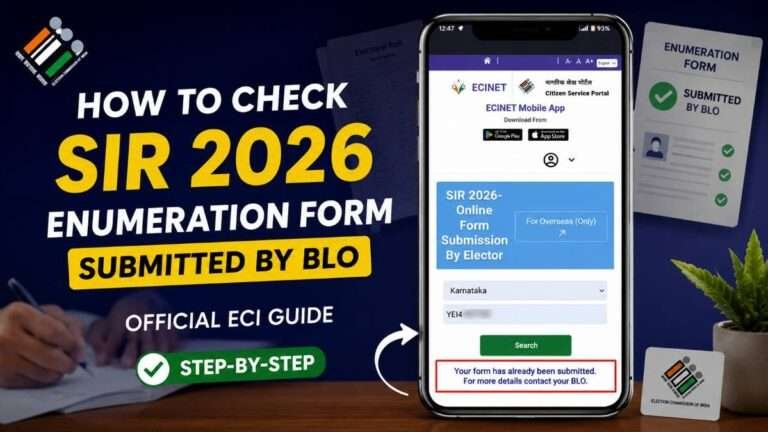 Featured image showing the official Election Commission of India (ECI) Citizen Service Portal with the SIR 2026 Enumeration Form verification page, explaining how to check whether a Booth Level Officer (BLO) has successfully submitted a voter's Enumeration Form online using the EPIC number.