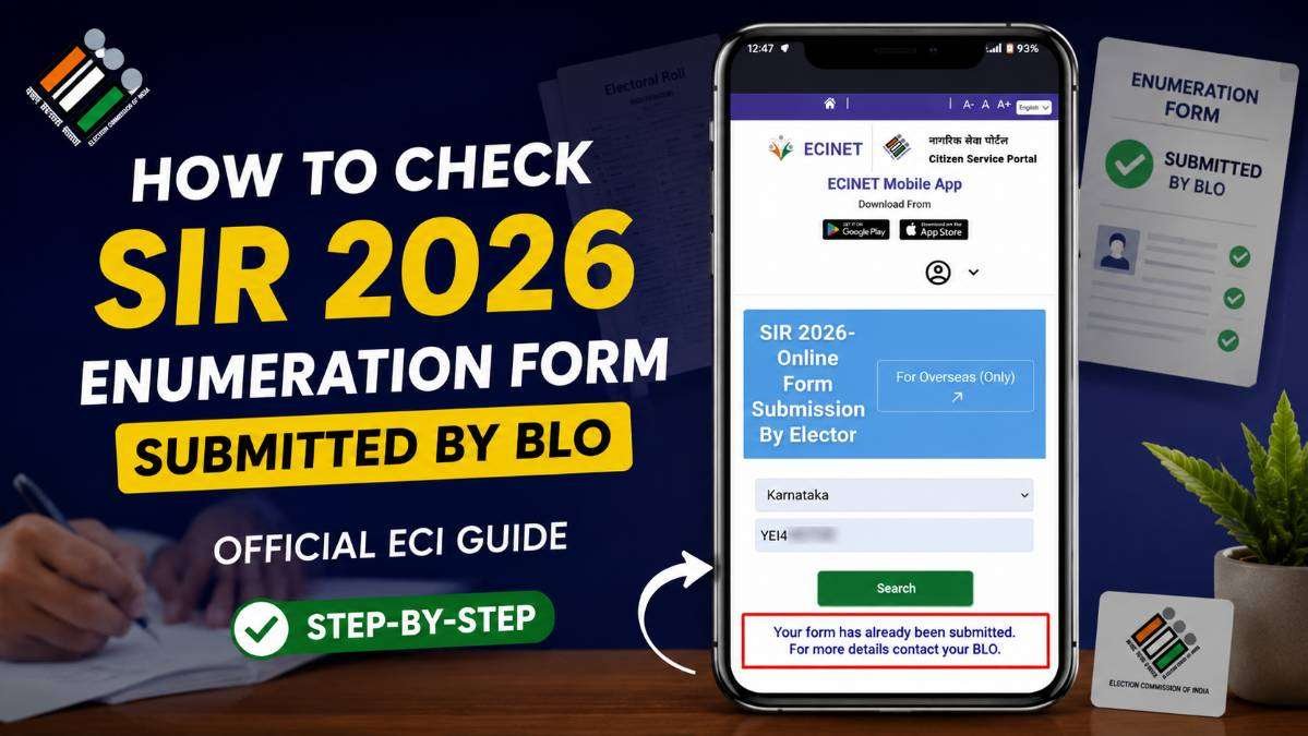 Featured image showing the official Election Commission of India (ECI) Citizen Service Portal with the SIR 2026 Enumeration Form verification page, explaining how to check whether a Booth Level Officer (BLO) has successfully submitted a voter's Enumeration Form online using the EPIC number.