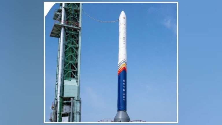 Skyroot Aerospace's Vikram-1 rocket lifting off from Sriharikota during Mission Aagaman, becoming India's first privately developed orbital launch vehicle to successfully reach Low Earth Orbit.