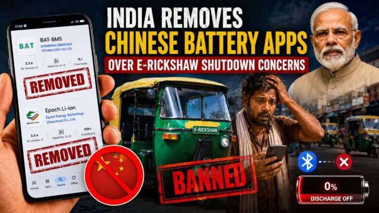 India removes Chinese battery apps BAT-BMS and Epoch Li-ion after e-rickshaw remote shutdown and Bluetooth BMS safety concerns.