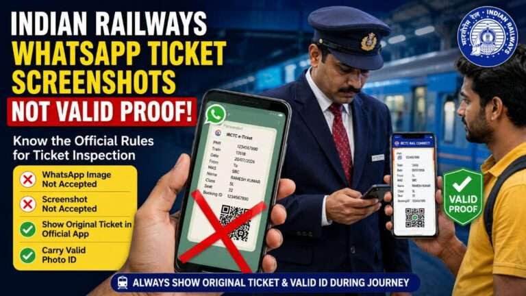 Indian Railways ticket inspection showing that WhatsApp ticket images and screenshots are not accepted as valid proof of travel, while the original ticket in the official railway app is valid.