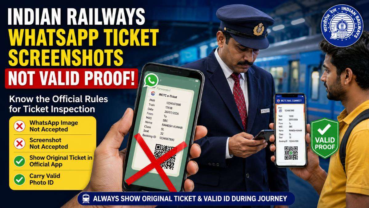 Indian Railways ticket inspection showing that WhatsApp ticket images and screenshots are not accepted as valid proof of travel, while the original ticket in the official railway app is valid.