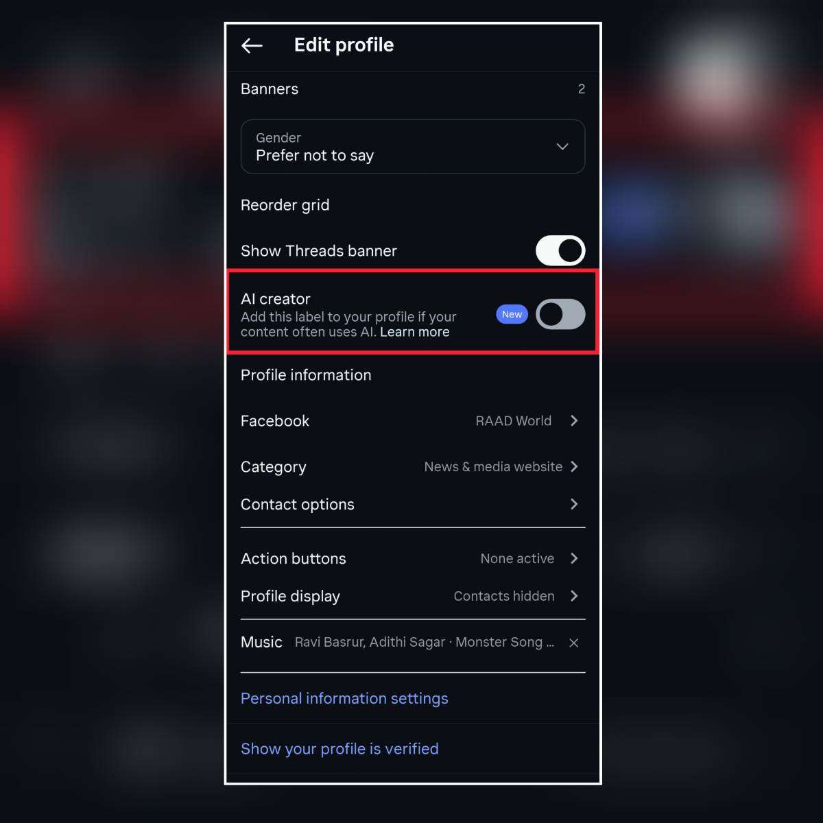 Instagram Edit Profile page showing the new AI Creator label option for accounts that often use AI in their content.