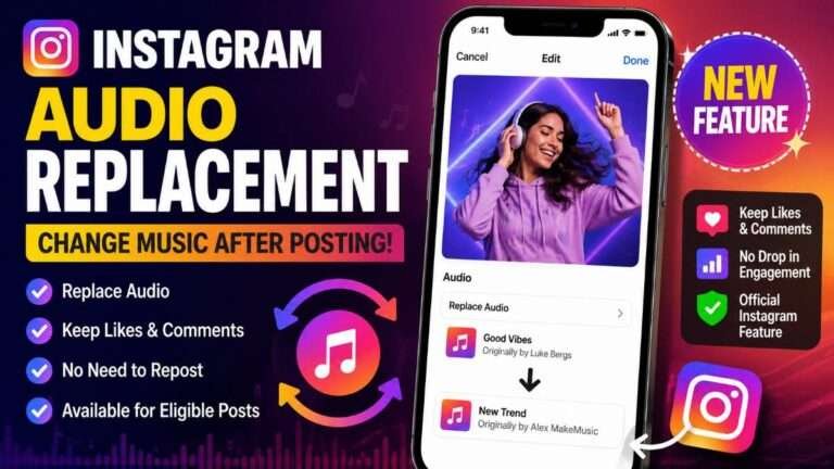 Instagram's new Audio Replacement feature that allows eligible users to change music on published posts without deleting or reposting the content while keeping likes and comments intact.