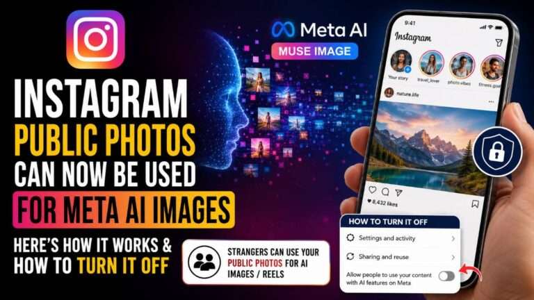 Instagram public photos and Meta AI Muse Image feature with privacy settings to turn off content reuse.