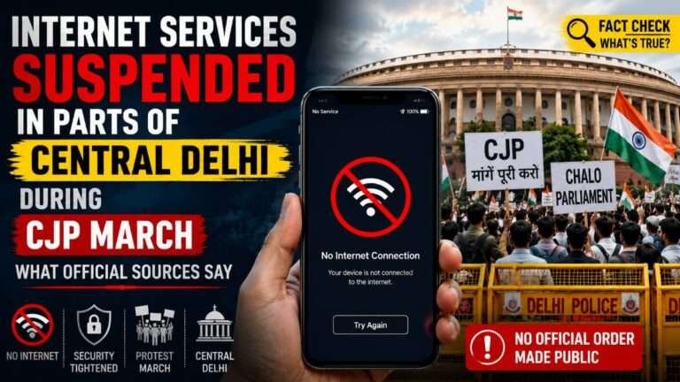 a smartphone displaying "No Internet Connection" in front of a protest near Parliament in Central Delhi, illustrating reports of mobile internet disruptions during the CJP march while highlighting that no publicly released official suspension order was available.