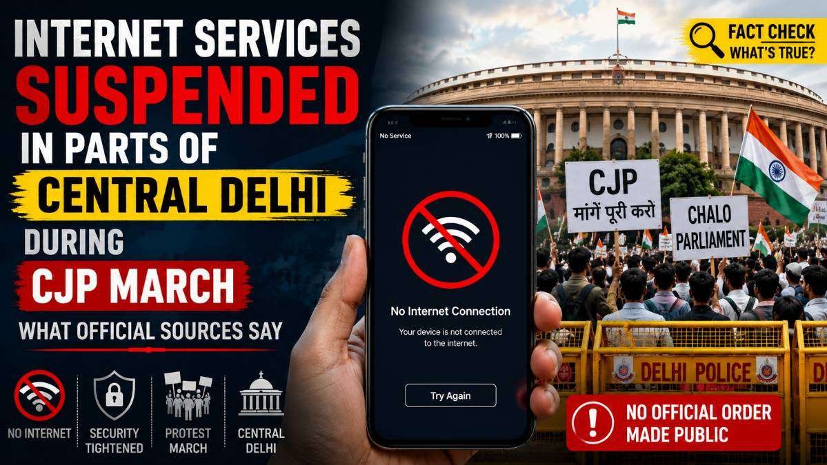 a smartphone displaying "No Internet Connection" in front of a protest near Parliament in Central Delhi, illustrating reports of mobile internet disruptions during the CJP march while highlighting that no publicly released official suspension order was available.