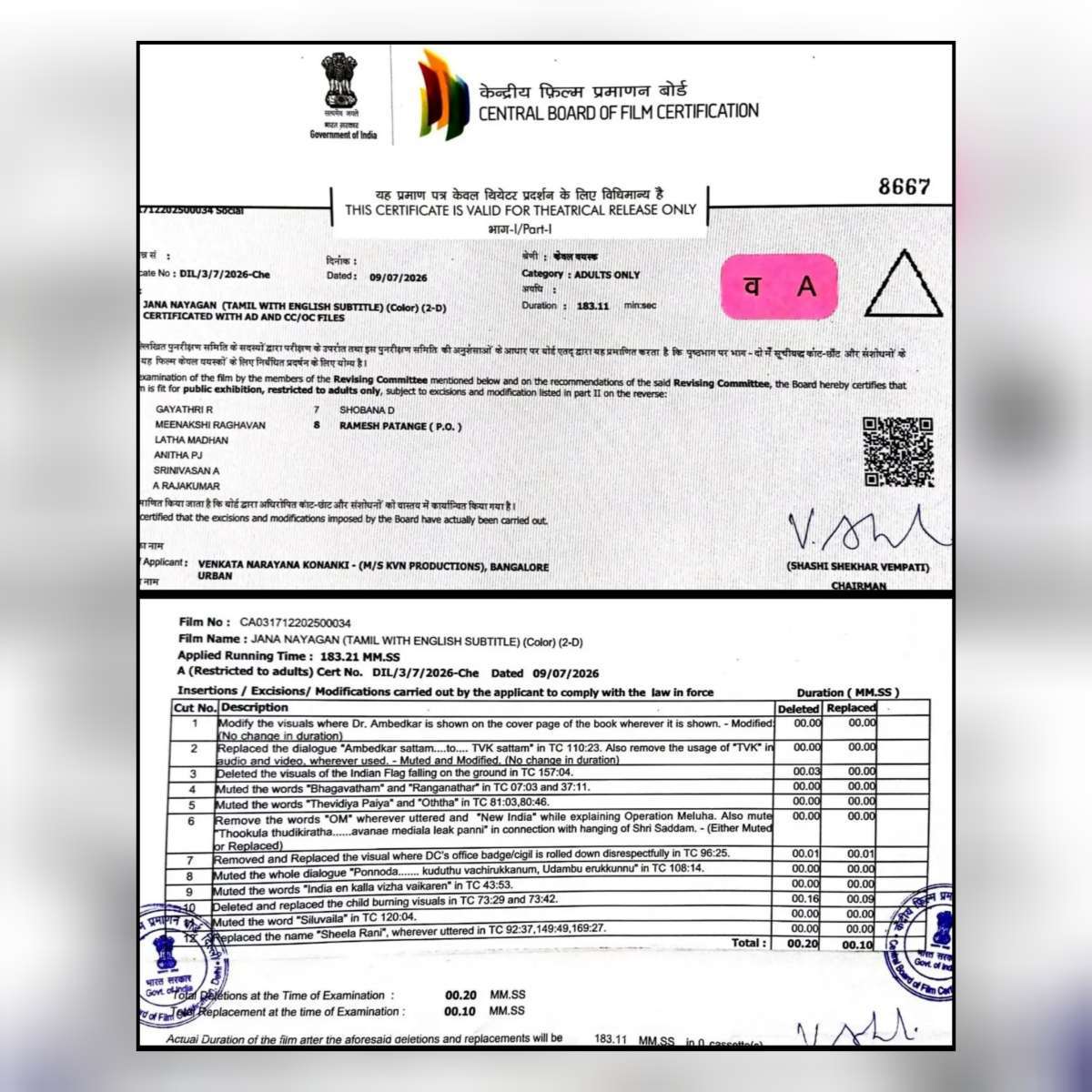 Jana Nayagan CBFC A certificate document showing 183.11-minute runtime and listed censor modifications