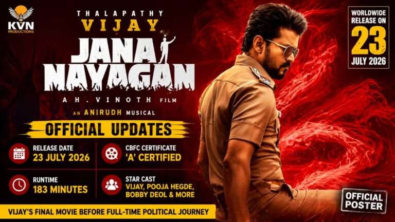 Jana Nayagan featured image showing Vijay in a police uniform with official release date, cast, CBFC certificate, runtime, and movie updates.