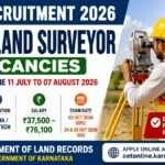 KEA Recruitment 2026 notification for 750 Land Surveyor posts with a land surveyor using surveying equipment, Karnataka Examinations Authority (KEA) logo, salary ₹37,500–₹76,100, application dates from 11 July to 07 August 2026, and Department of Land Records, Government of Karnataka.