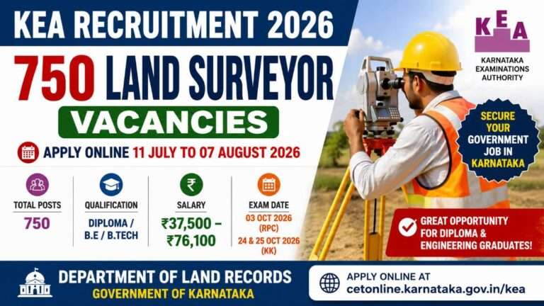 KEA Recruitment 2026 notification for 750 Land Surveyor posts with a land surveyor using surveying equipment, Karnataka Examinations Authority (KEA) logo, salary ₹37,500–₹76,100, application dates from 11 July to 07 August 2026, and Department of Land Records, Government of Karnataka.