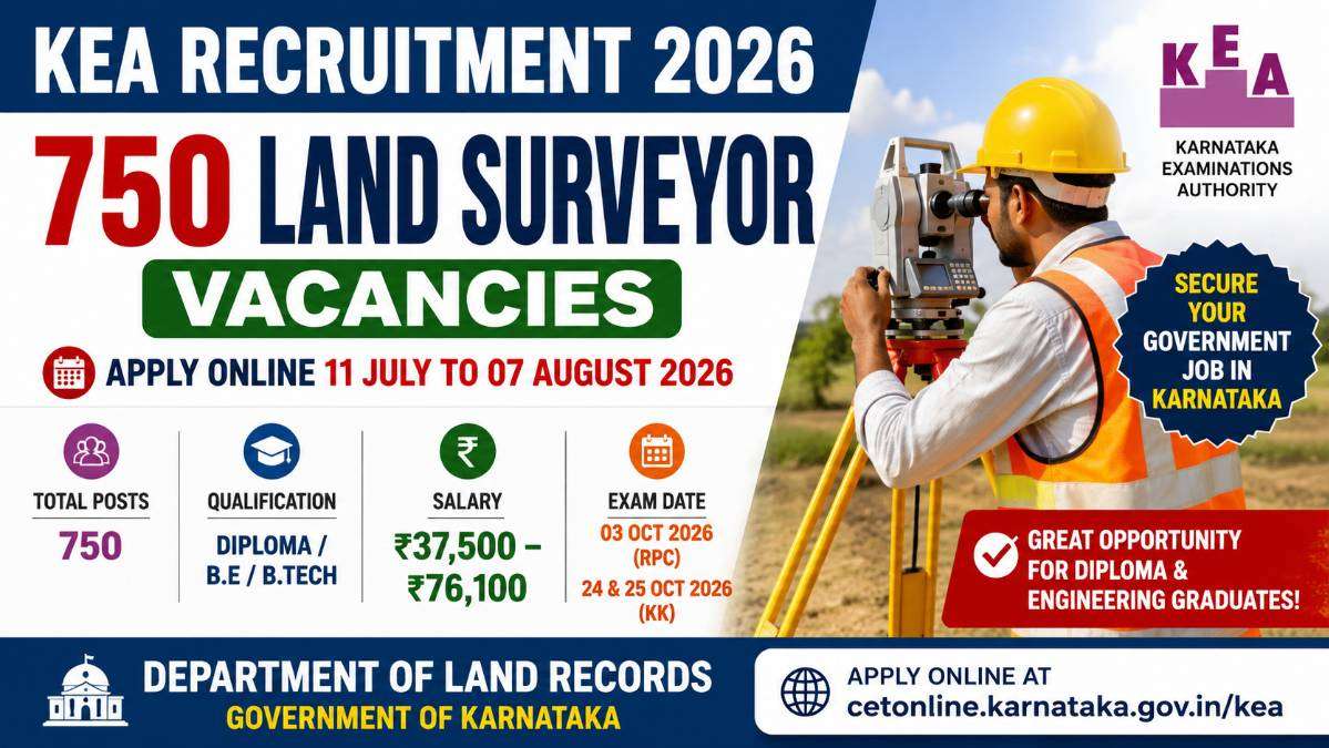 KEA Recruitment 2026 notification for 750 Land Surveyor posts with a land surveyor using surveying equipment, Karnataka Examinations Authority (KEA) logo, salary ₹37,500–₹76,100, application dates from 11 July to 07 August 2026, and Department of Land Records, Government of Karnataka.