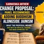 Featured image illustrating the Karnataka anthem change proposal with Jain and Buddha statues, Karnataka state map, and the state anthem, highlighting an expert panel's recommendation to mention Buddhism alongside Jainism. No official government approval has been issued.