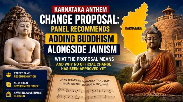 Featured image illustrating the Karnataka anthem change proposal with Jain and Buddha statues, Karnataka state map, and the state anthem, highlighting an expert panel's recommendation to mention Buddhism alongside Jainism. No official government approval has been issued.