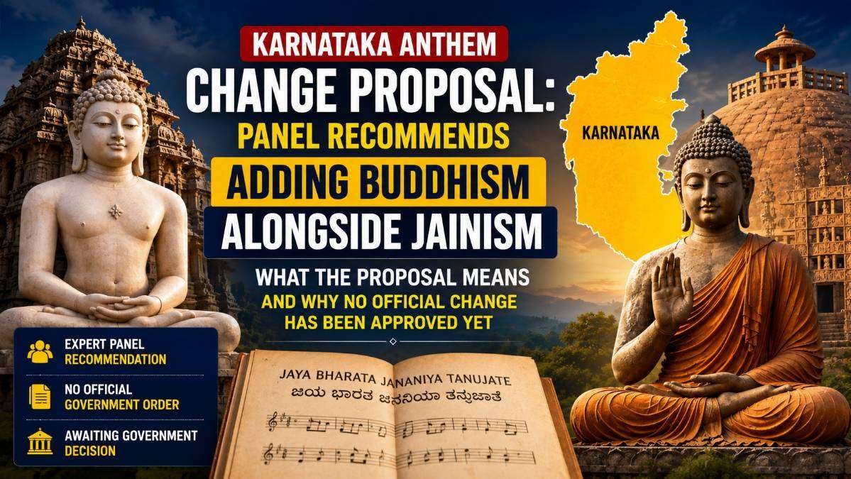 Featured image illustrating the Karnataka anthem change proposal with Jain and Buddha statues, Karnataka state map, and the state anthem, highlighting an expert panel's recommendation to mention Buddhism alongside Jainism. No official government approval has been issued.