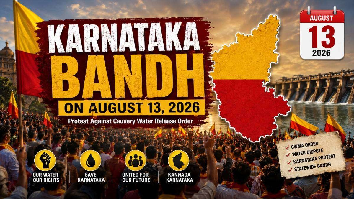 Karnataka Bandh on August 13, 2026 featured image showing the Karnataka map, Cauvery dam, protest crowd with Karnataka flags, and banner highlighting the Cauvery water dispute and statewide bandh call.