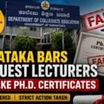Karnataka Department of Collegiate Education building with a fake Ph.D. certificate and graduation cap, illustrating the government's action against 249 guest lecturers over forged doctoral degrees.