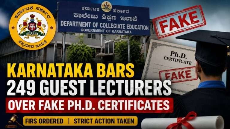 Karnataka Department of Collegiate Education building with a fake Ph.D. certificate and graduation cap, illustrating the government's action against 249 guest lecturers over forged doctoral degrees.