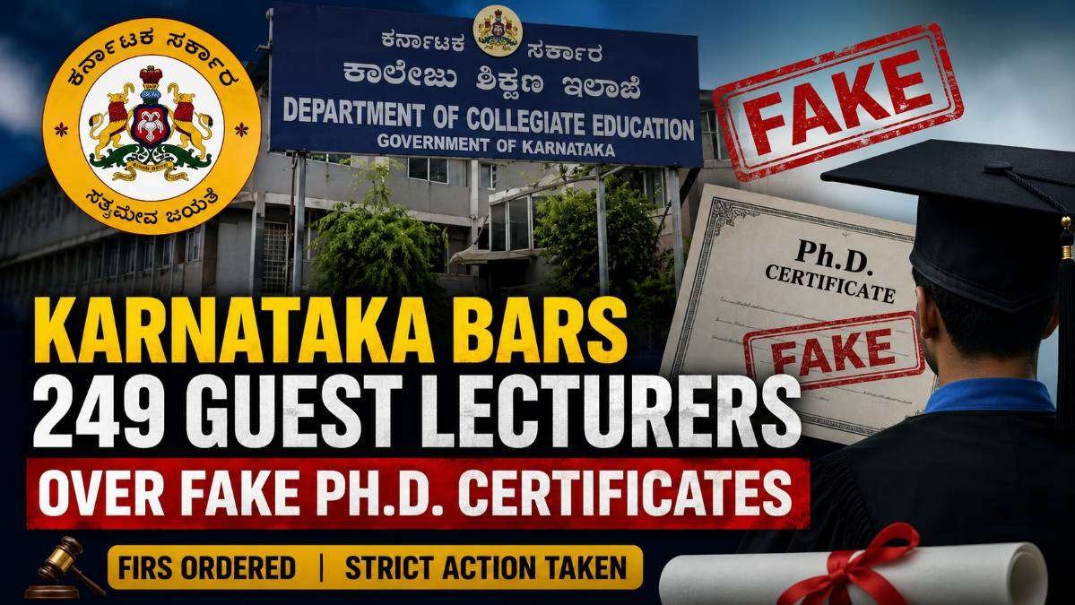 Karnataka Department of Collegiate Education building with a fake Ph.D. certificate and graduation cap, illustrating the government's action against 249 guest lecturers over forged doctoral degrees.