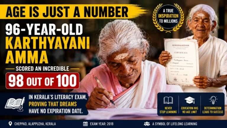 Karthyayani Amma writing during Kerala's literacy examination at the age of 96 after joining an adult literacy programme and scoring 98 out of 100, inspiring lifelong learning.