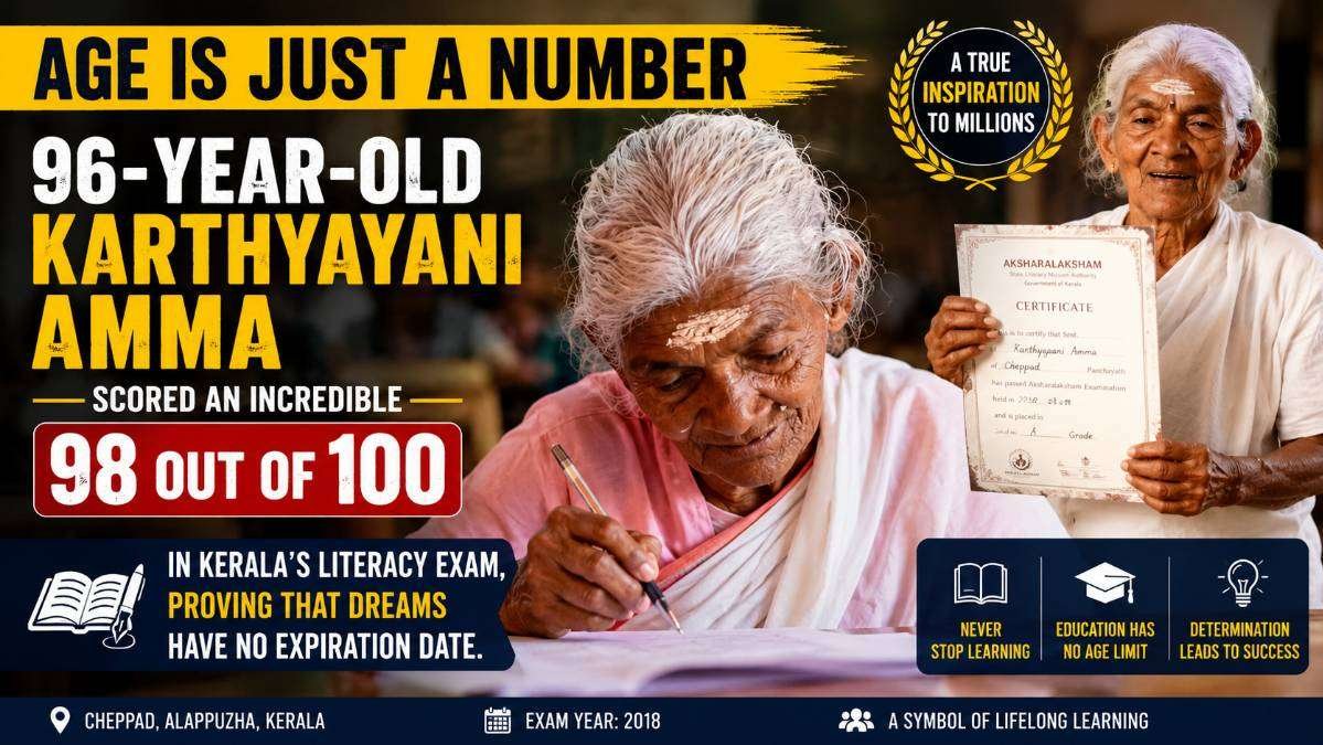 Karthyayani Amma writing during Kerala's literacy examination at the age of 96 after joining an adult literacy programme and scoring 98 out of 100, inspiring lifelong learning.