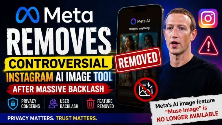 Meta removes controversial Instagram AI image tool after privacy backlash, featuring Meta branding, Instagram logo, AI image generation interface, privacy warning icons, and a headline about the feature being discontinued.