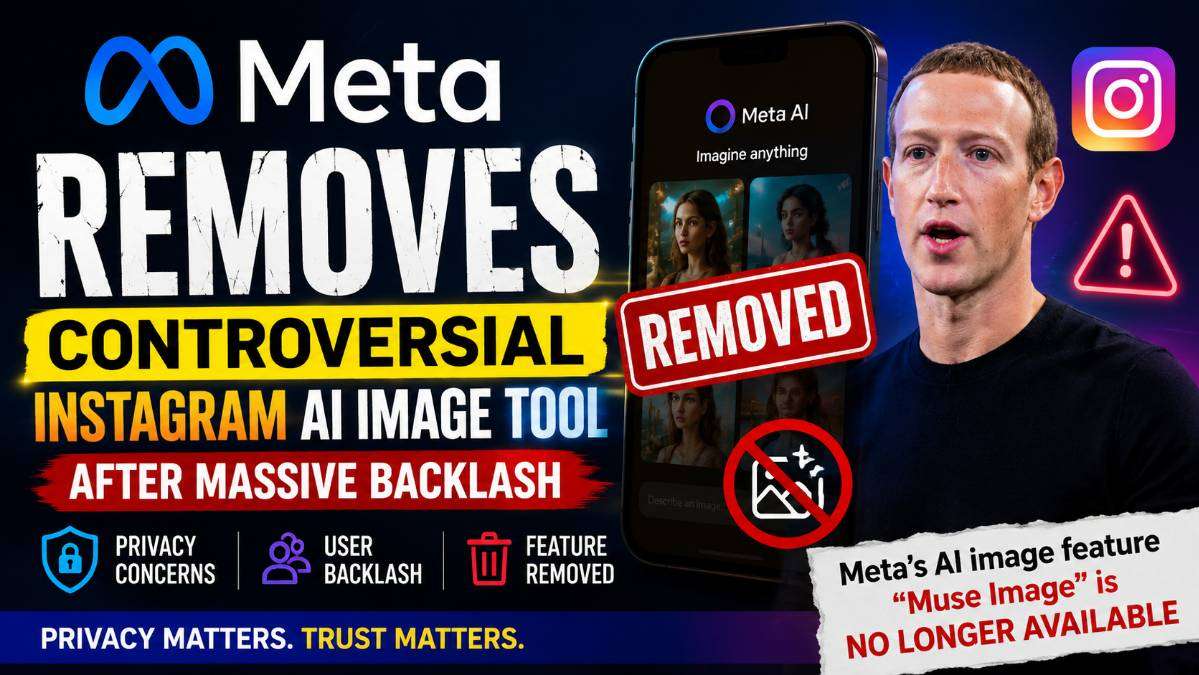 Meta removes controversial Instagram AI image tool after privacy backlash, featuring Meta branding, Instagram logo, AI image generation interface, privacy warning icons, and a headline about the feature being discontinued.
