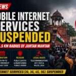 a mobile internet suspension near Jantar Mantar in New Delhi, including a mobile phone with no internet connection, telecom tower, protest crowd, and official notice highlighting the temporary 1.5 km mobile internet restriction ordered by the Ministry of Home Affairs.