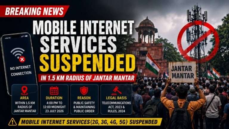 a mobile internet suspension near Jantar Mantar in New Delhi, including a mobile phone with no internet connection, telecom tower, protest crowd, and official notice highlighting the temporary 1.5 km mobile internet restriction ordered by the Ministry of Home Affairs.