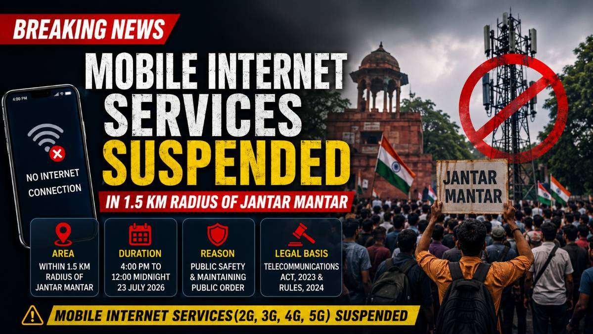 a mobile internet suspension near Jantar Mantar in New Delhi, including a mobile phone with no internet connection, telecom tower, protest crowd, and official notice highlighting the temporary 1.5 km mobile internet restriction ordered by the Ministry of Home Affairs.