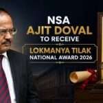 NSA Ajit Doval featured alongside the Lokmanya Tilak National Award trophy and plaque, highlighting his selection for the prestigious Lokmanya Tilak National Award 2026 for contributions to India's national security.