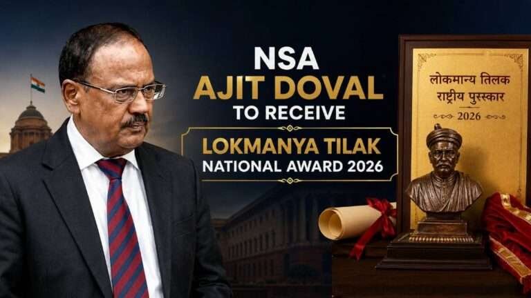 NSA Ajit Doval featured alongside the Lokmanya Tilak National Award trophy and plaque, highlighting his selection for the prestigious Lokmanya Tilak National Award 2026 for contributions to India's national security.