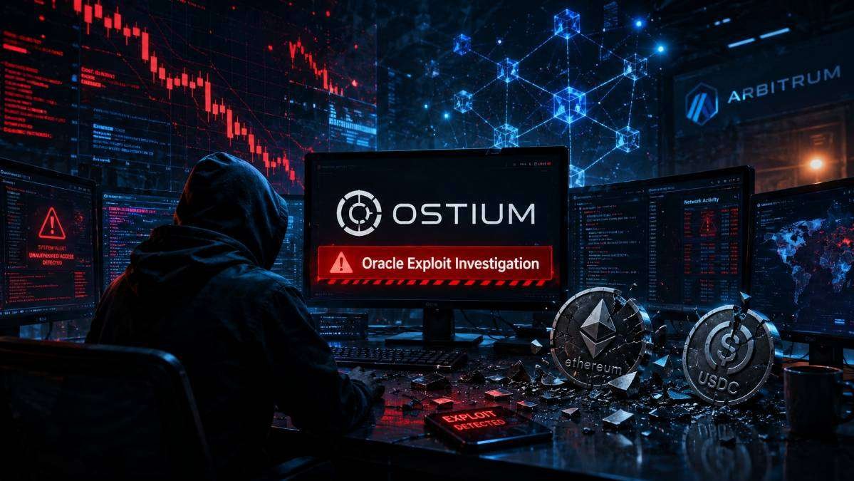 cybercrime scene showing a hooded hacker with the Ostium logo on computer screens, warning alerts, Ethereum and USDC coins, representing the oracle exploit that forced the DeFi trading platform to pause operations.