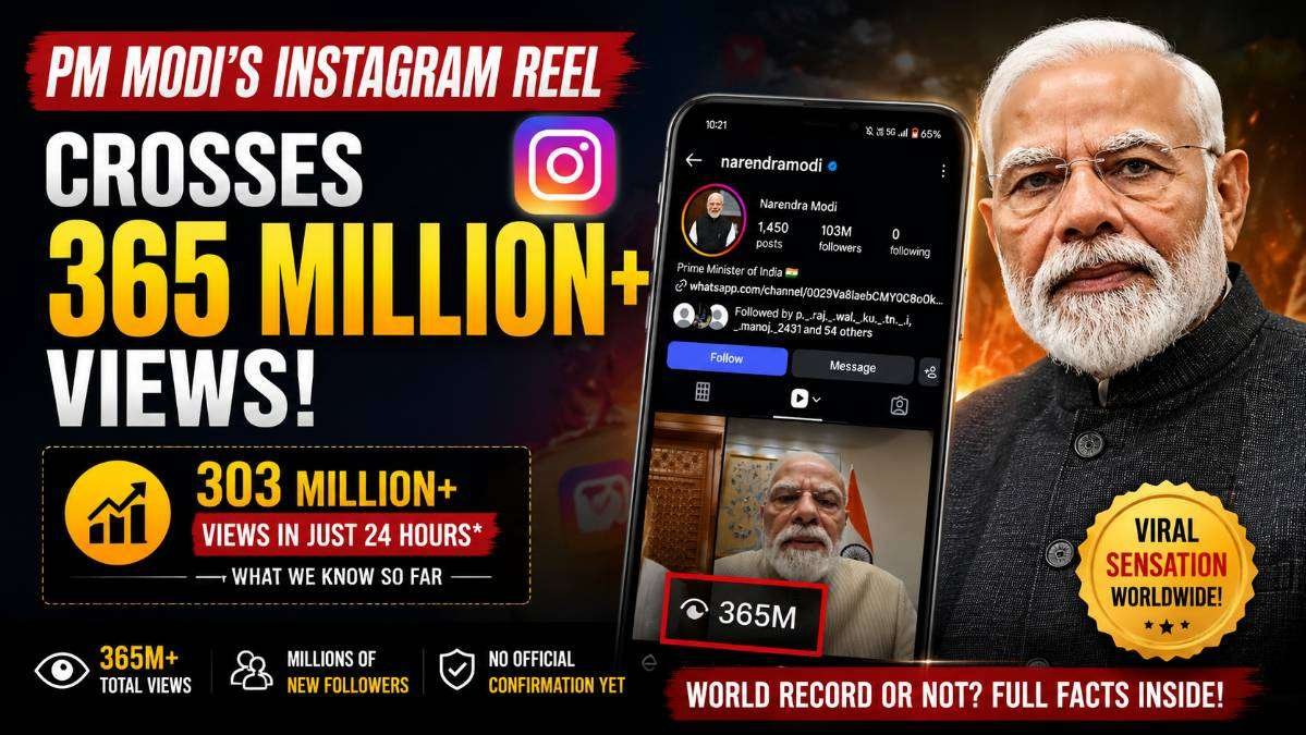 Featured image showing Prime Minister Narendra Modi alongside his official Instagram profile highlighting a Reel with over 365 million views, illustrating reports about the viral video and claims surrounding a possible Instagram view record.