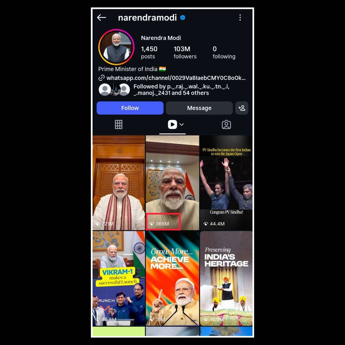 Screenshot of Prime Minister Narendra Modi's official Instagram profile showing a Reel with over 365 million views, highlighting the viral milestone and public interest surrounding the post.