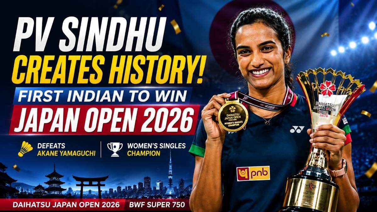 PV Sindhu celebrates after defeating Akane Yamaguchi to become the first Indian to win the Japan Open women's singles title at the BWF Super 750 Japan Open 2026.