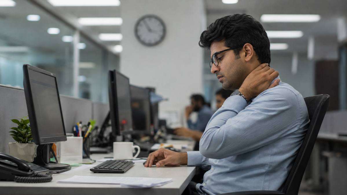 Indian office worker sitting at a desk for long hours during prolonged computer work