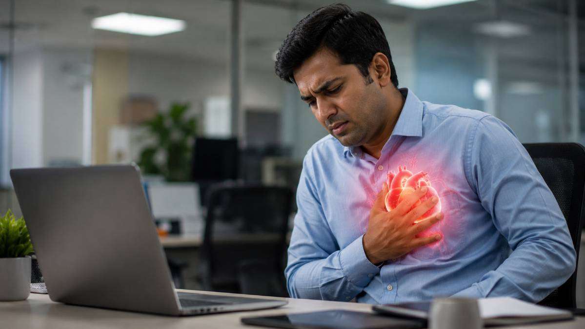 Office worker experiencing chest discomfort during prolonged sitting with a heart health visual