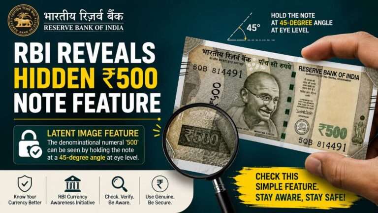 RBI highlights the hidden latent image security feature on the ₹500 note, showing how the numeral 500 can be viewed at a 45-degree angle.
