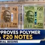 News-style illustration of polymer ₹10 and ₹20 Indian banknotes with the RBI headquarters in the background, highlighting the Government-approved RBI field trial of polymer currency.