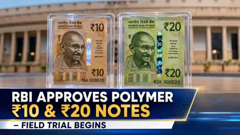 News-style illustration of polymer ₹10 and ₹20 Indian banknotes with the RBI headquarters in the background, highlighting the Government-approved RBI field trial of polymer currency.