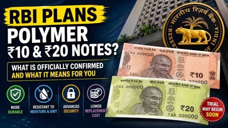 RBI polymer ₹10 and ₹20 notes concept image showing the Reserve Bank of India logo, ₹10 and ₹20 banknotes, and official update about India's proposed plastic currency trial.