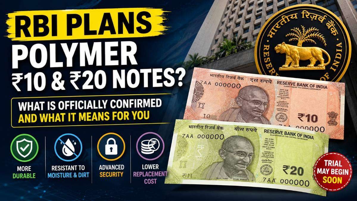 RBI polymer ₹10 and ₹20 notes concept image showing the Reserve Bank of India logo, ₹10 and ₹20 banknotes, and official update about India's proposed plastic currency trial.
