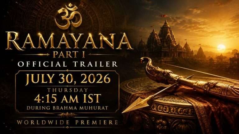 Official Ramayana Part 1 trailer announcement featuring a golden Om symbol, ornate bow and arrow, ancient temple at sunrise, and worldwide trailer premiere on July 30, 2026.