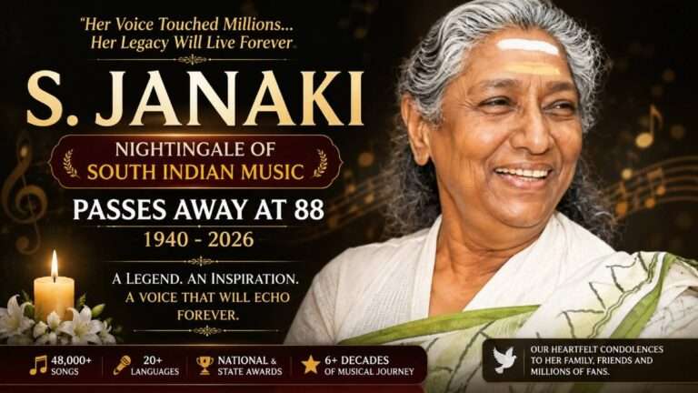 S. Janaki tribute featured image showing the legendary playback singer with the text "Passes Away at 88" honoring the Nightingale of South Indian Music.